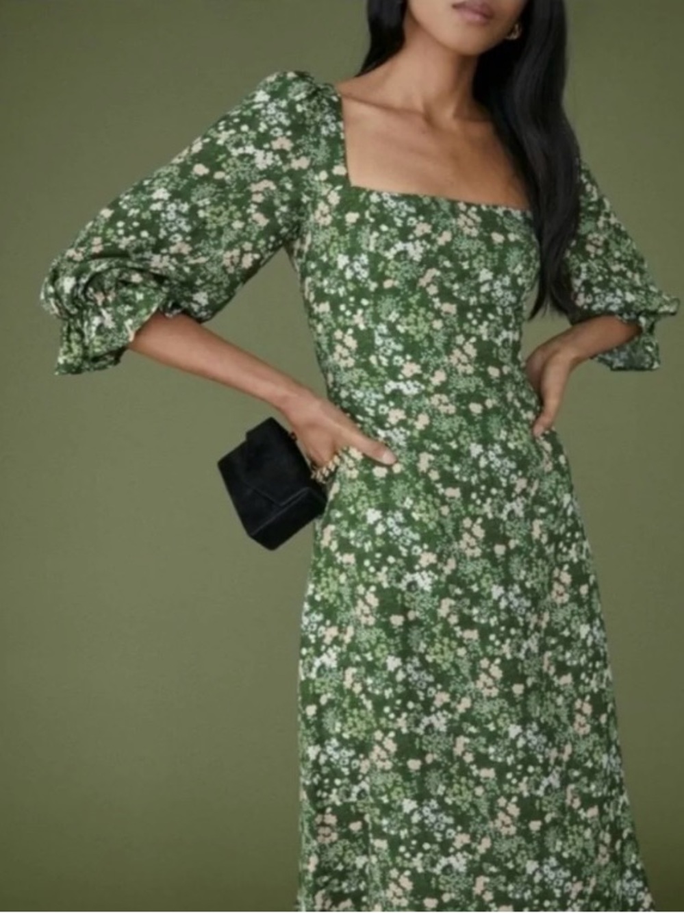 Reformation Enid Dress in Green Autumnal Floral Midi Cottagecore Size 0